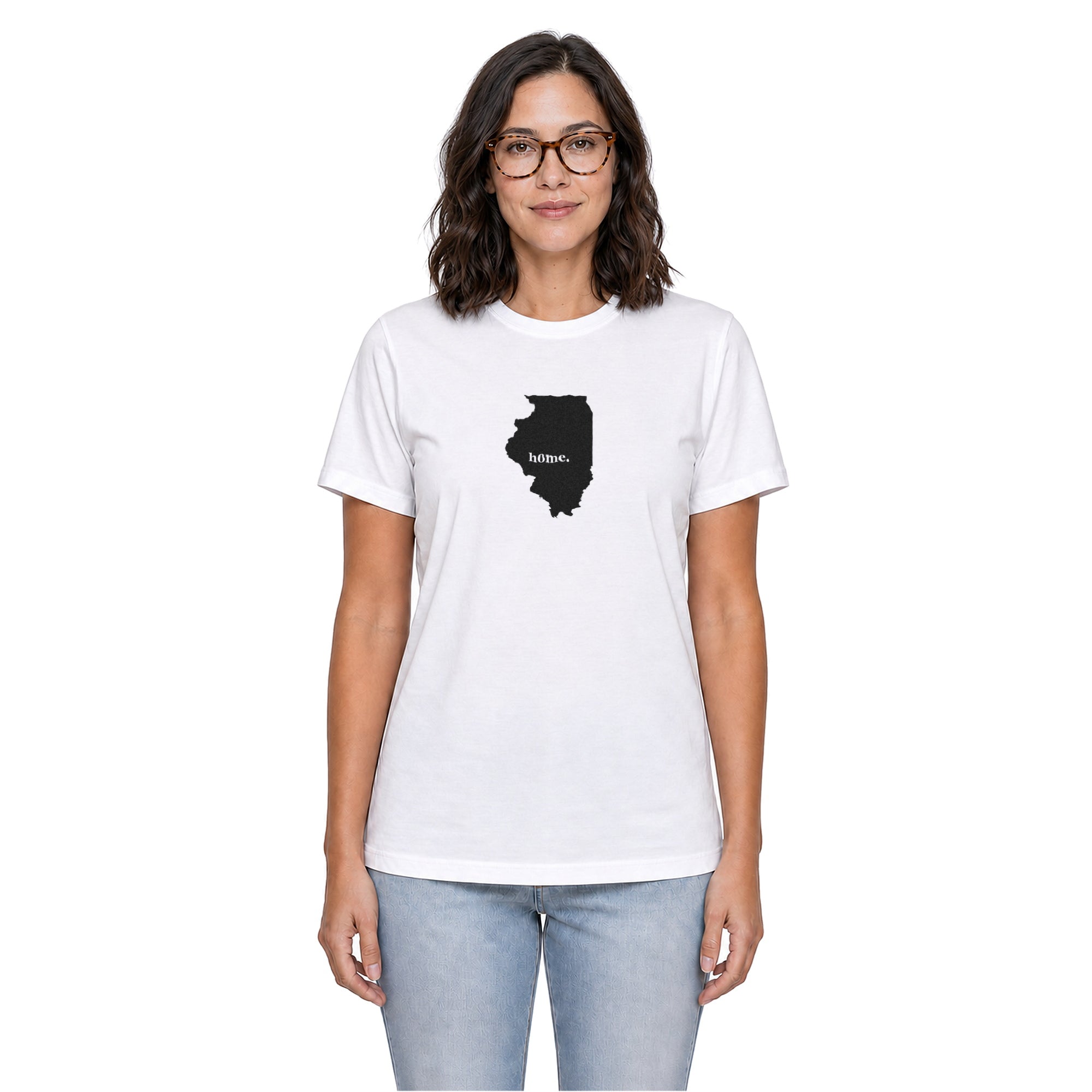 Illinois home T-shirt in white shown on a female model