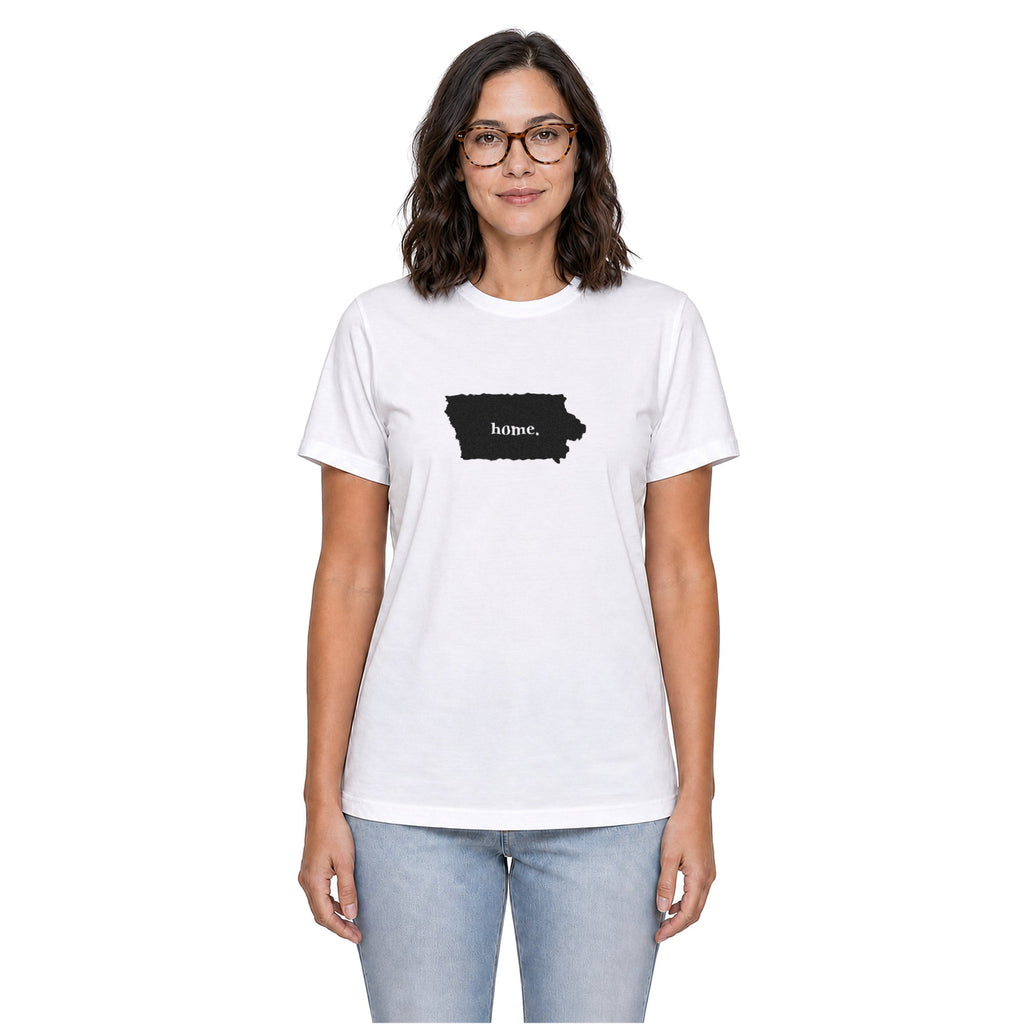 Iowa home T-shirt in white shown on a female model