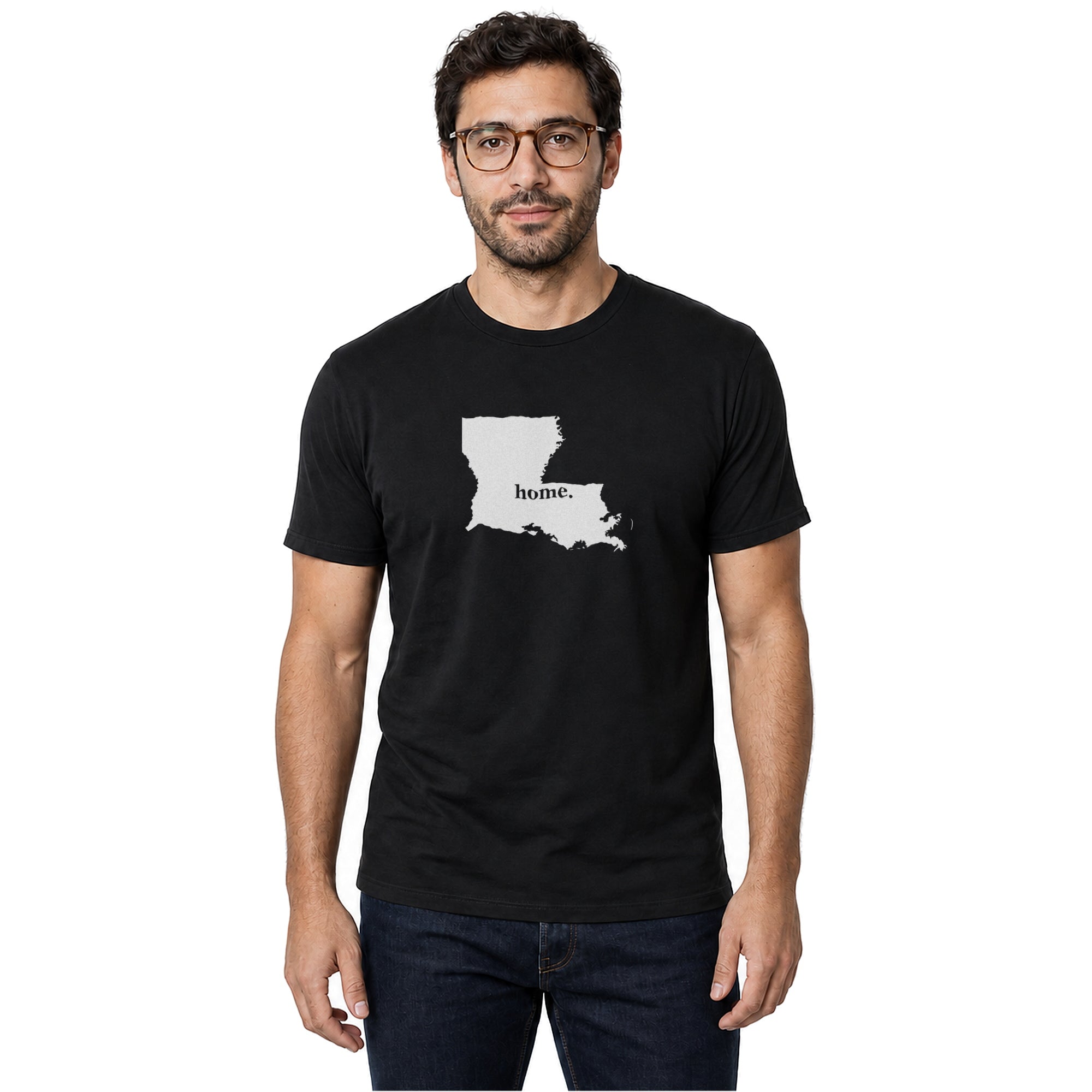 Louisiana home T-shirt in black shown on a male model