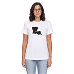 Louisiana home T-shirt in white shown on a female model