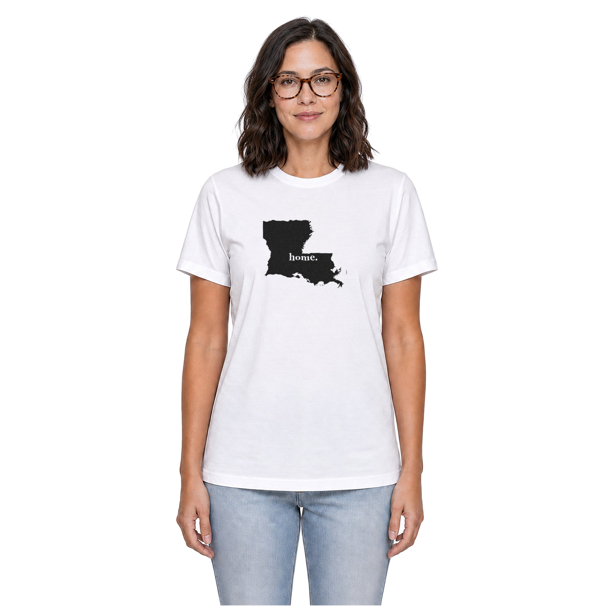 Louisiana home T-shirt in white shown on a female model