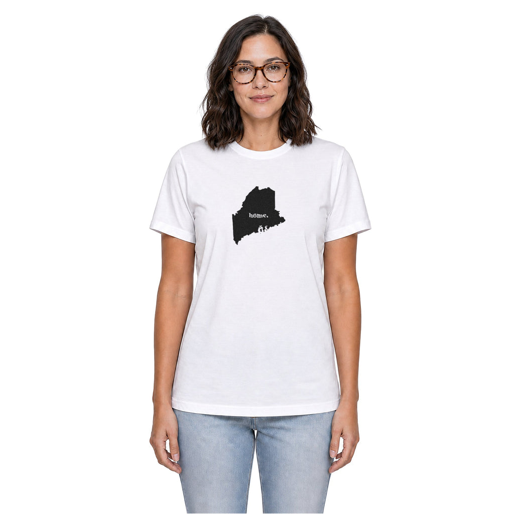 Maine home T-shirt in white shown on a female model