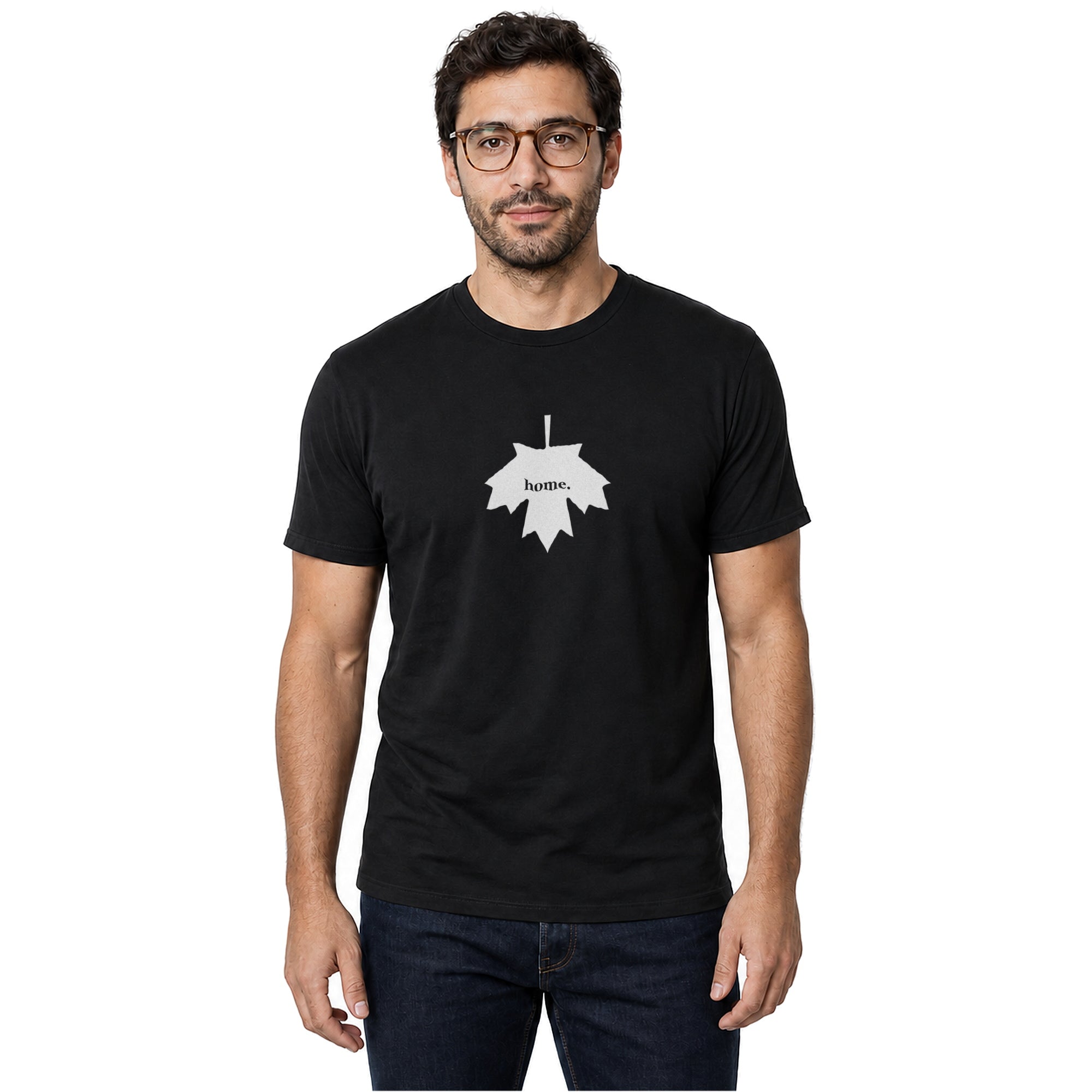 Maple Leaf home T-shirt in black shown on a male model