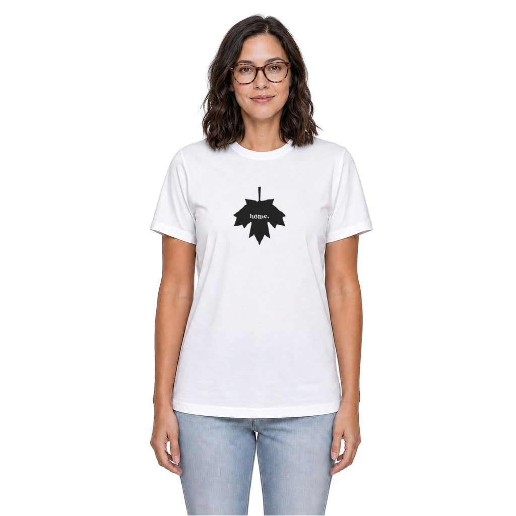 Maple Leaf home T-shirt in white shown on a female model