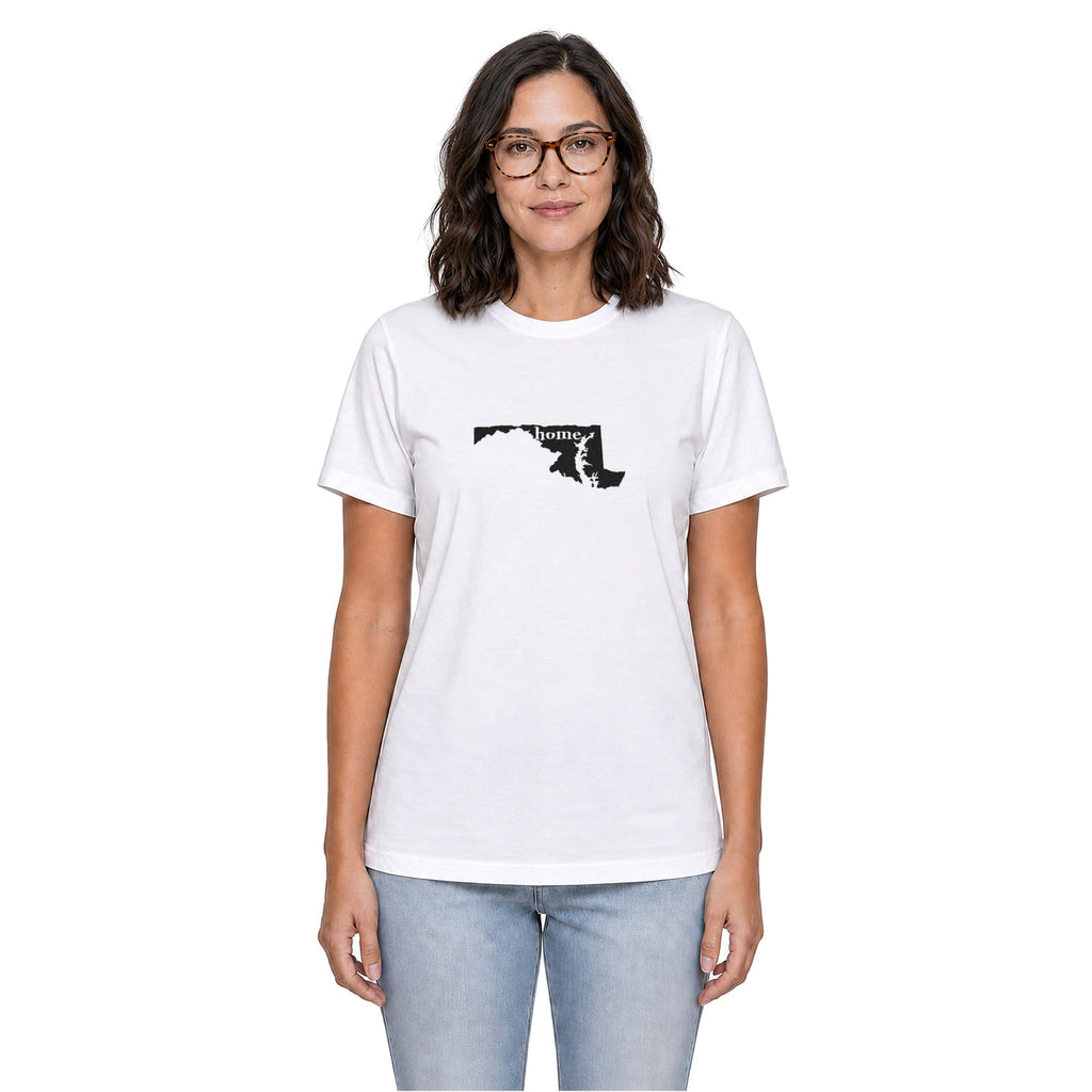 Maryland home T-shirt in white shown on a female model