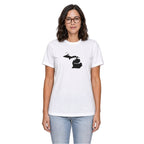 Michigan home T-shirt in white shown on a female model
