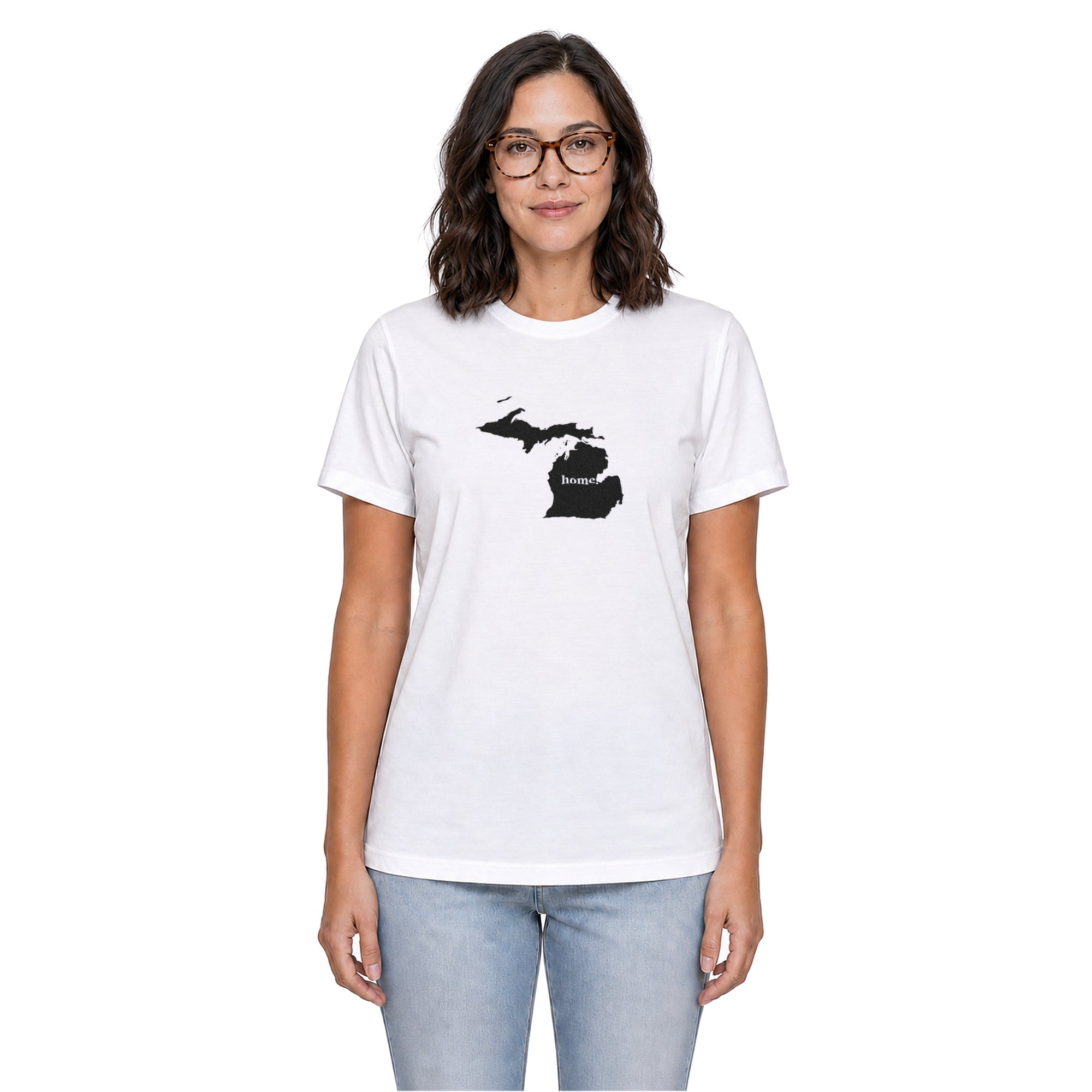 Michigan home T-shirt in white shown on a female model