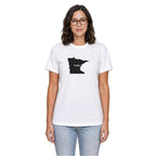 Minnesota home T-shirt in white shown on a female model