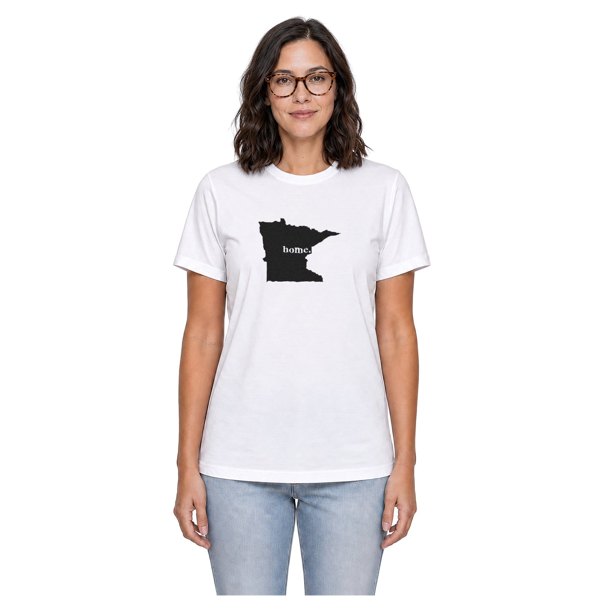 Minnesota home T-shirt in white shown on a female model