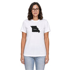 Missouri home T-shirt in white shown on a female model