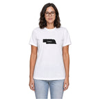 Nebraska home T-shirt in white shown on a female model