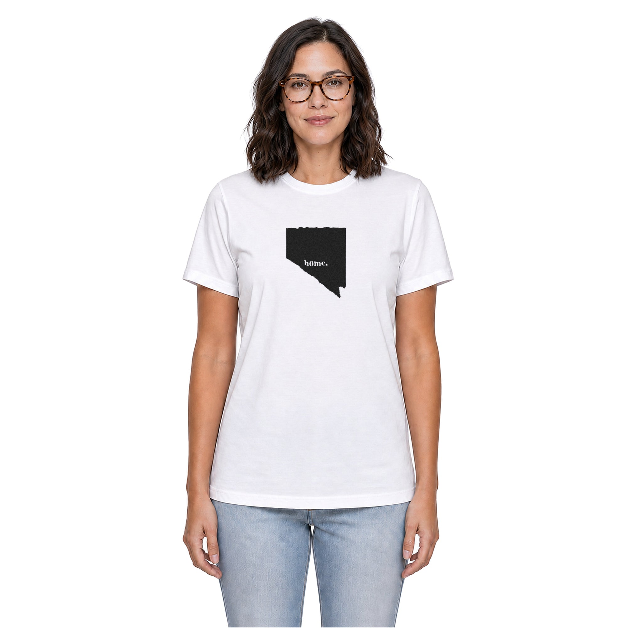 Nevada home T-shirt in white shown on a female model