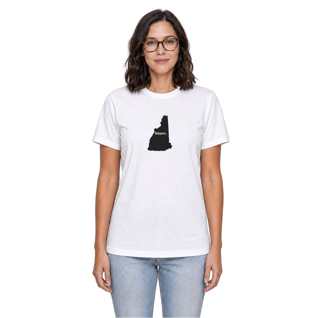 New Hampshire home T-shirt in white shown on a female model