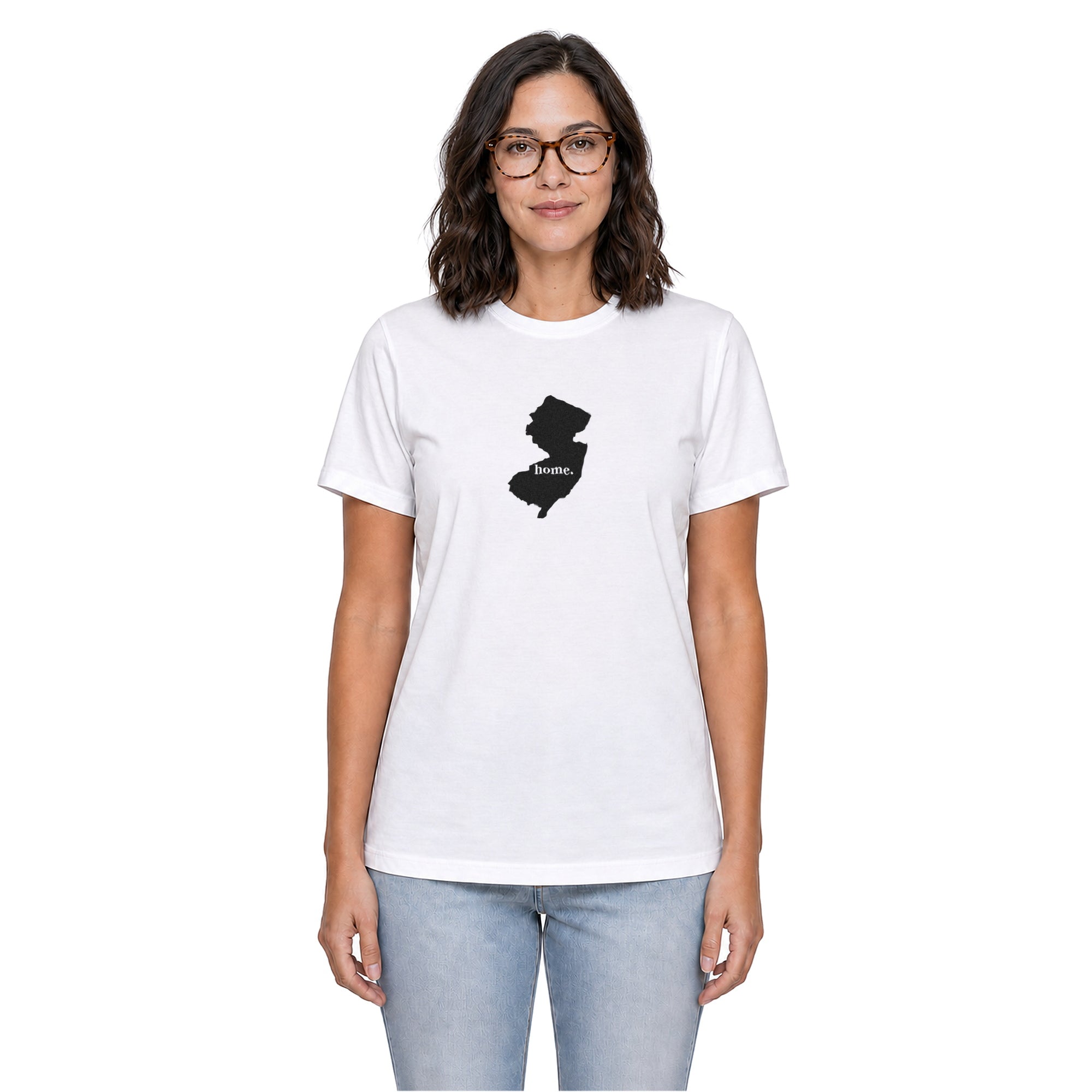 New Jersey home T-shirt in white shown on a female model