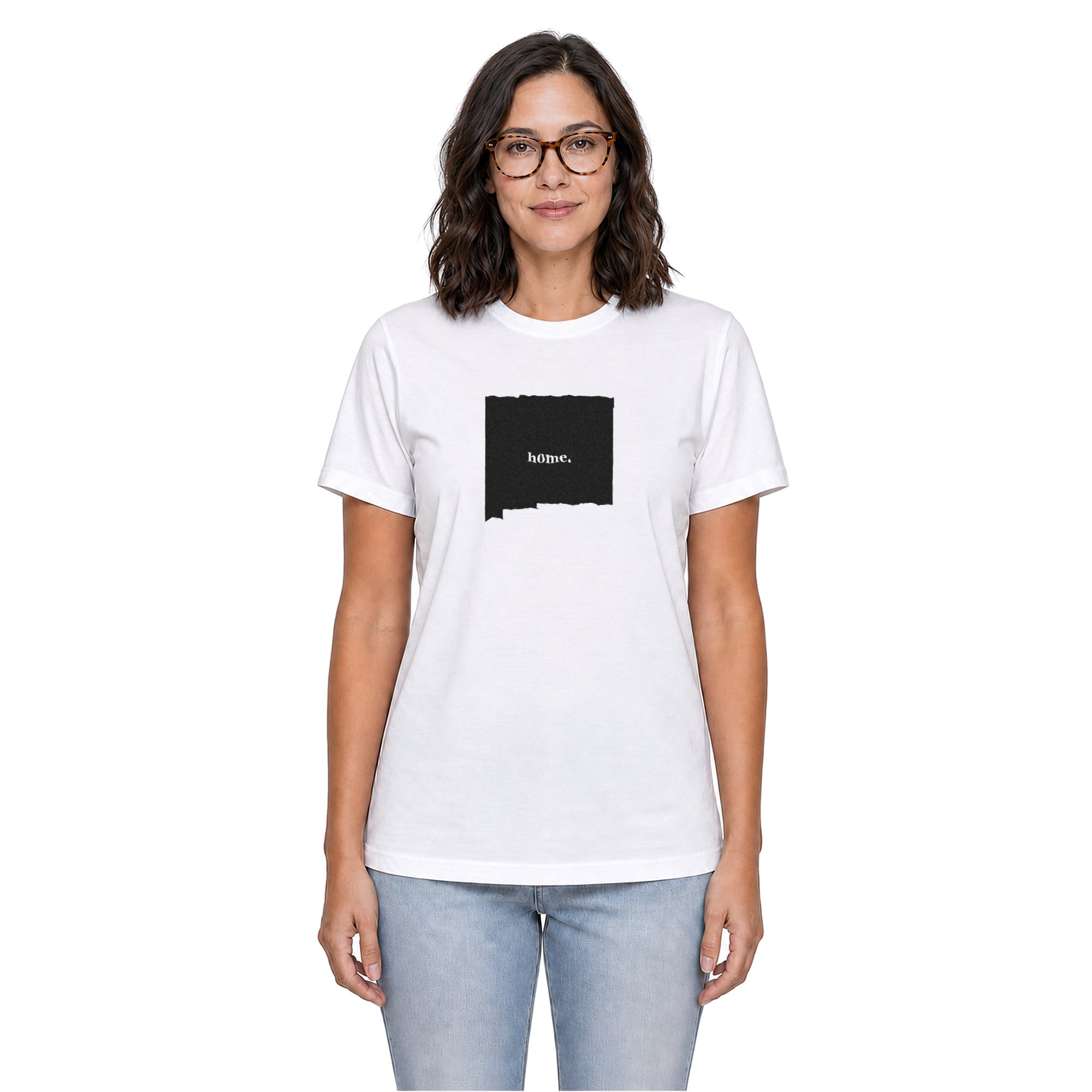 New Mexico home T-shirt in white shown on a female model