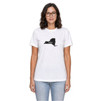 New York home T-shirt in white shown on a female model