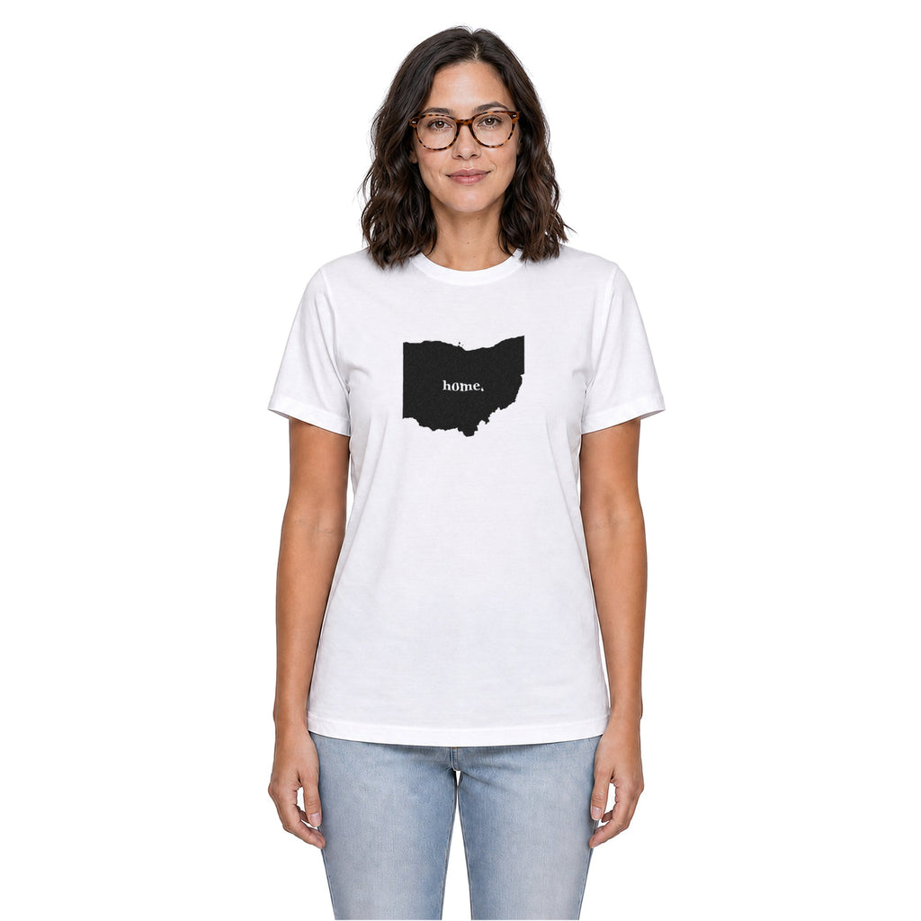 Ohio home T-shirt in white shown on a female model