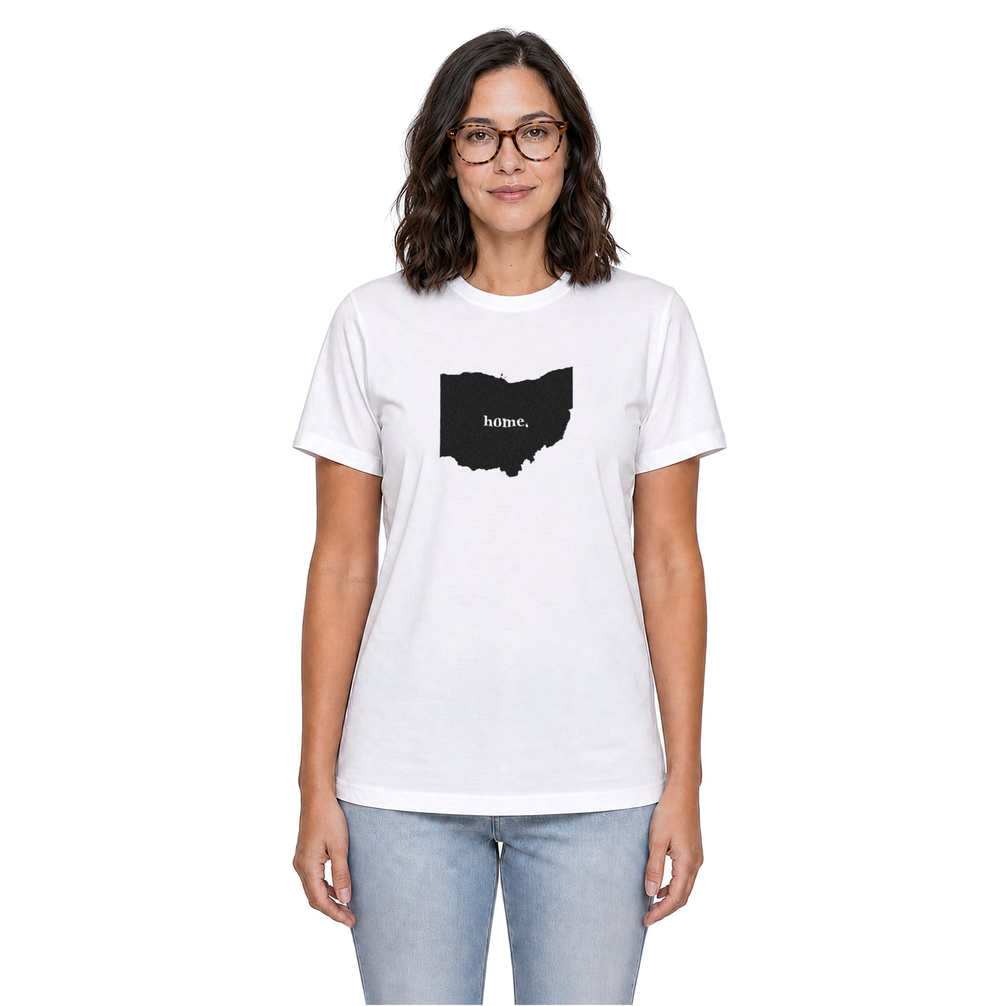 Ohio home T-shirt in white shown on a female model
