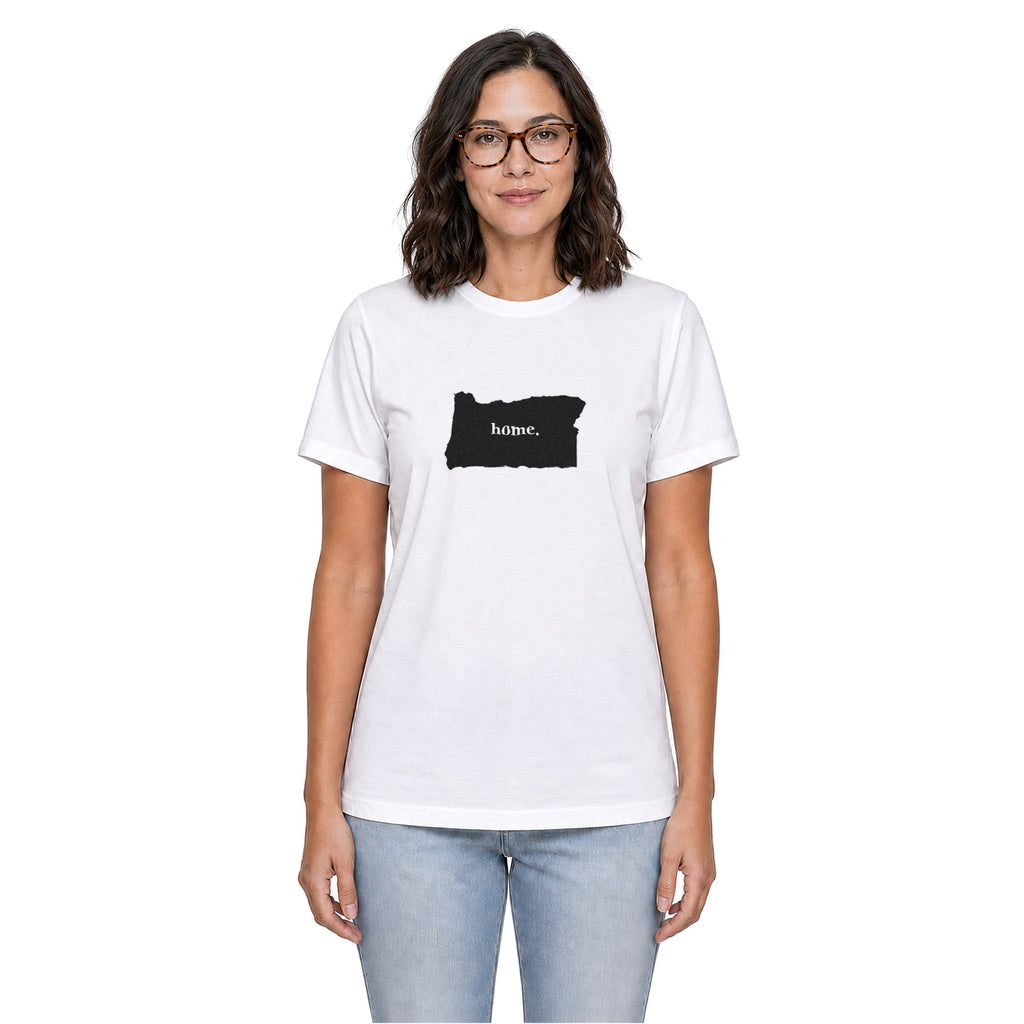 Oregon home T-shirt in white shown on a female model