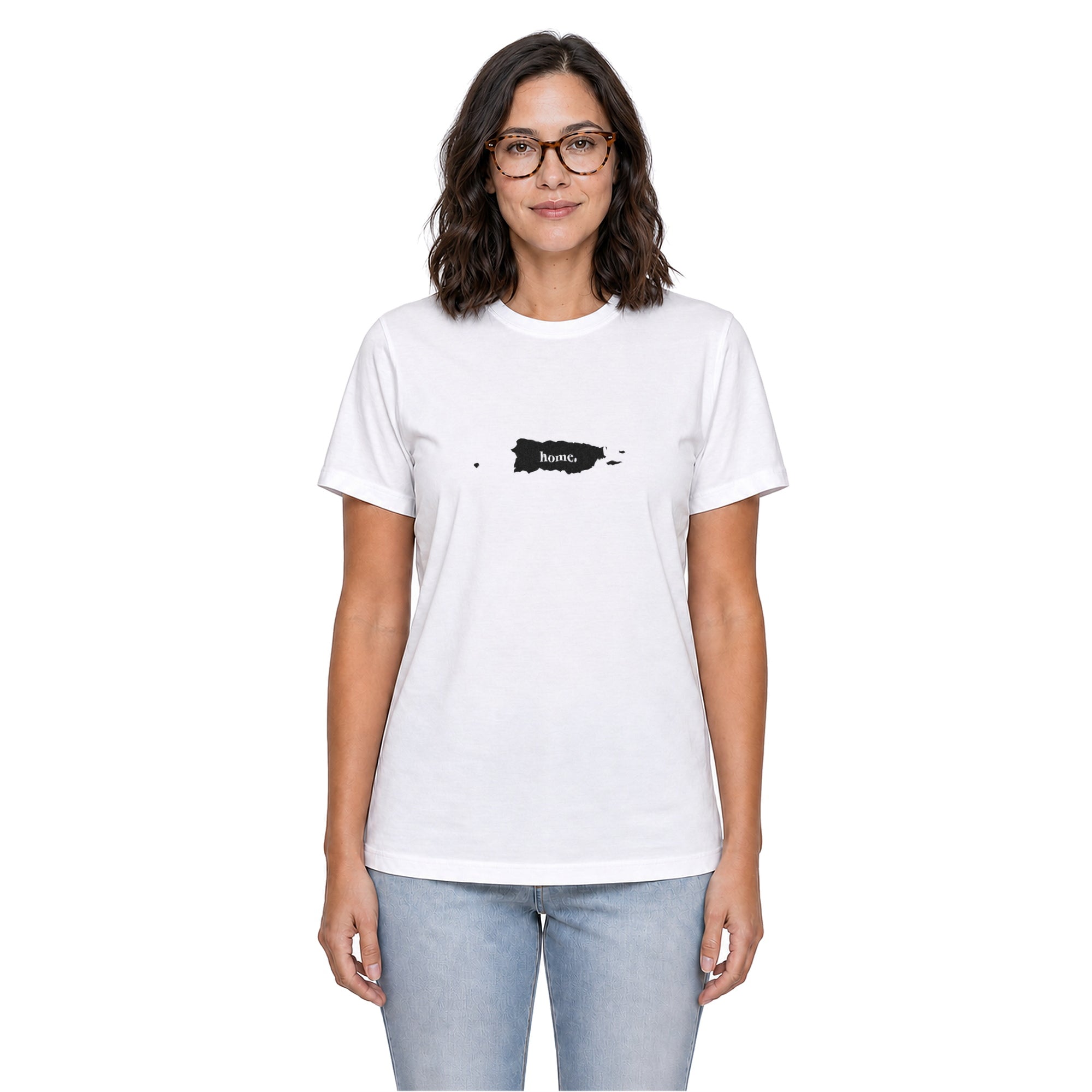 Puerto Rico home T-shirt in white shown on a female model