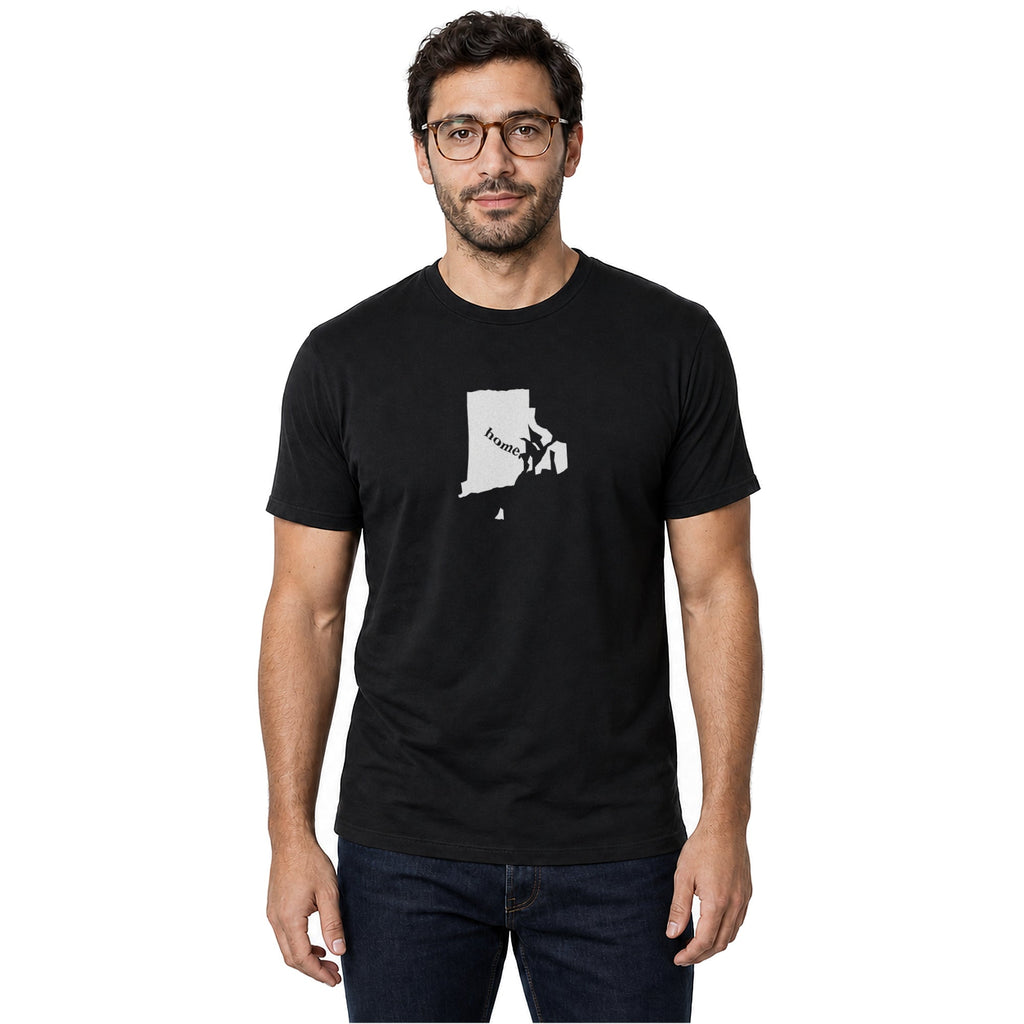 Rhode Island home T-shirt in black shown on a male model