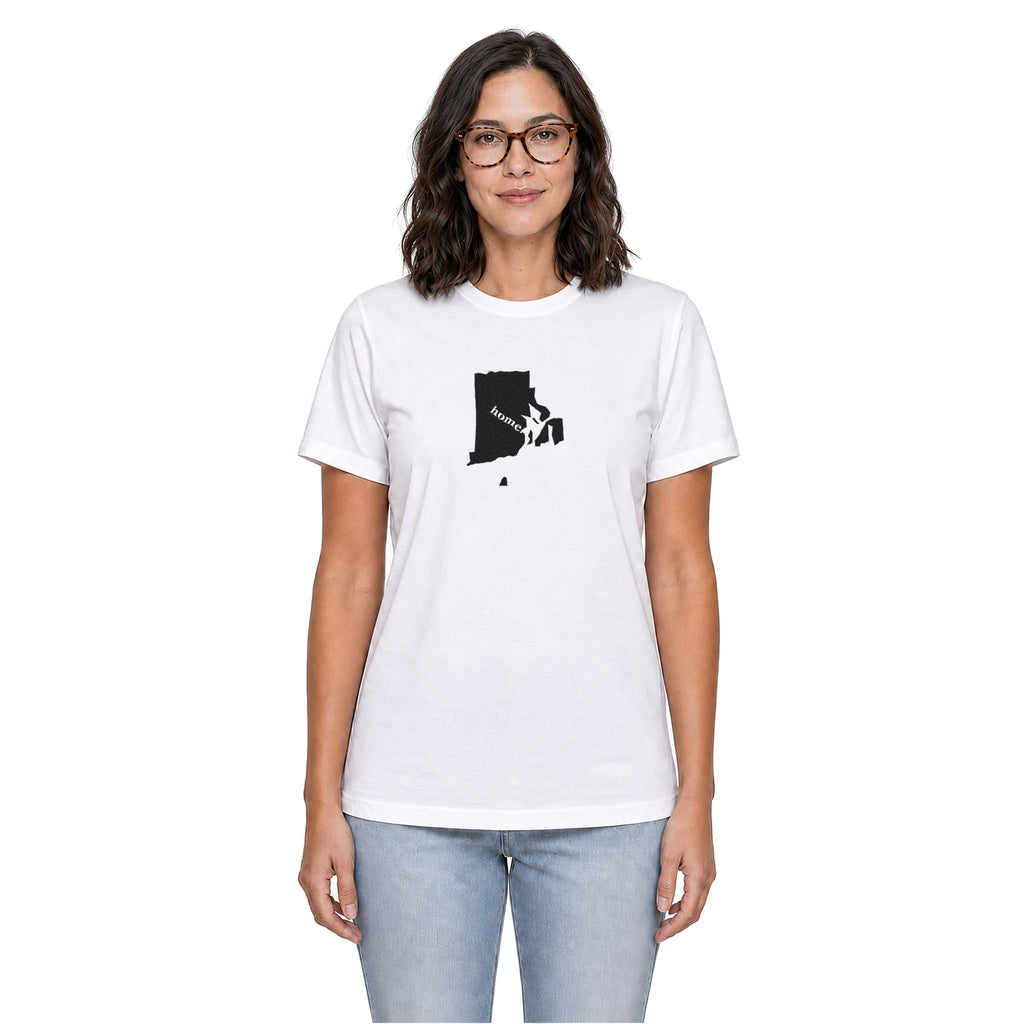 Rhode Island home T-shirt in white shown on a female model