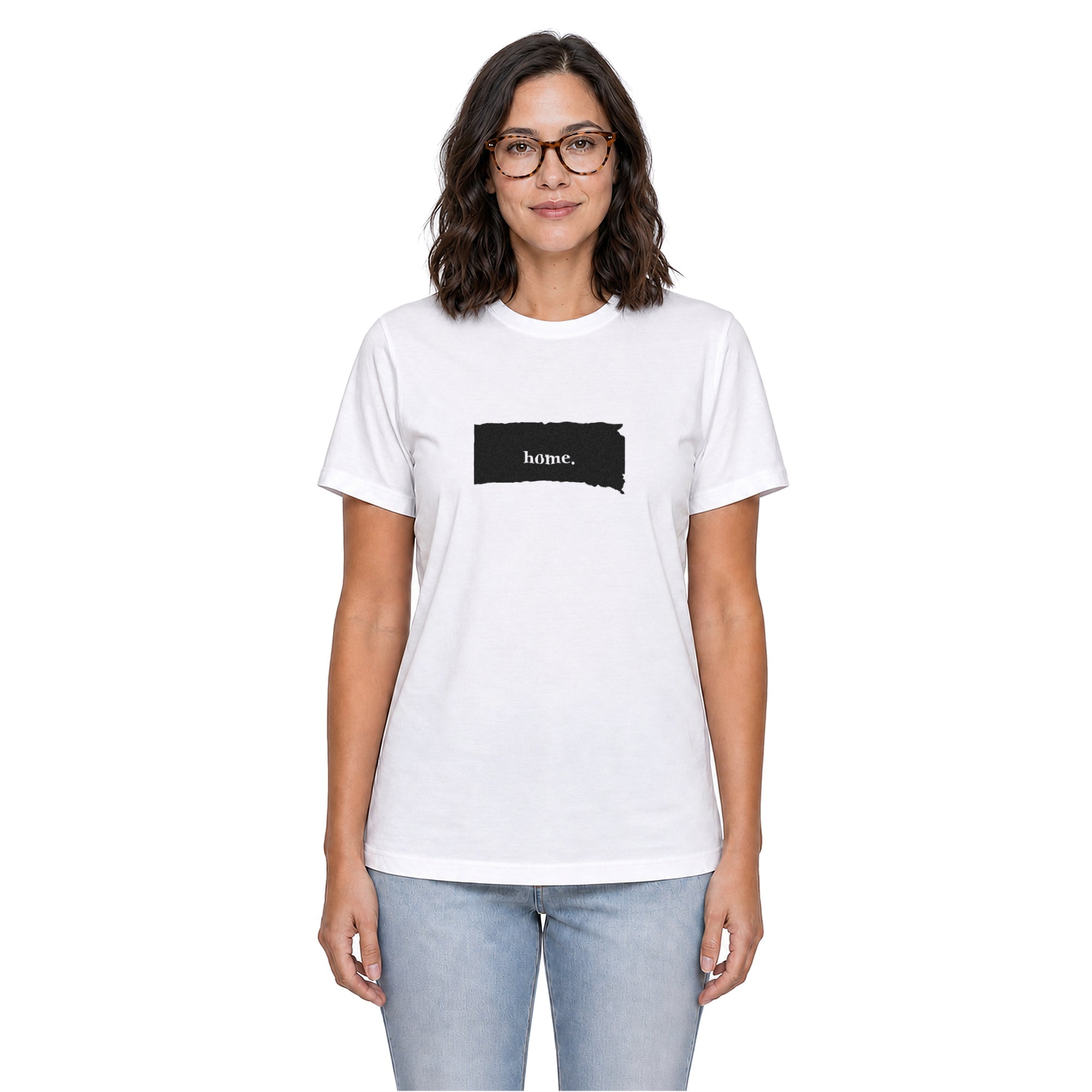 South Dakota home T-shirt in white shown on a female model