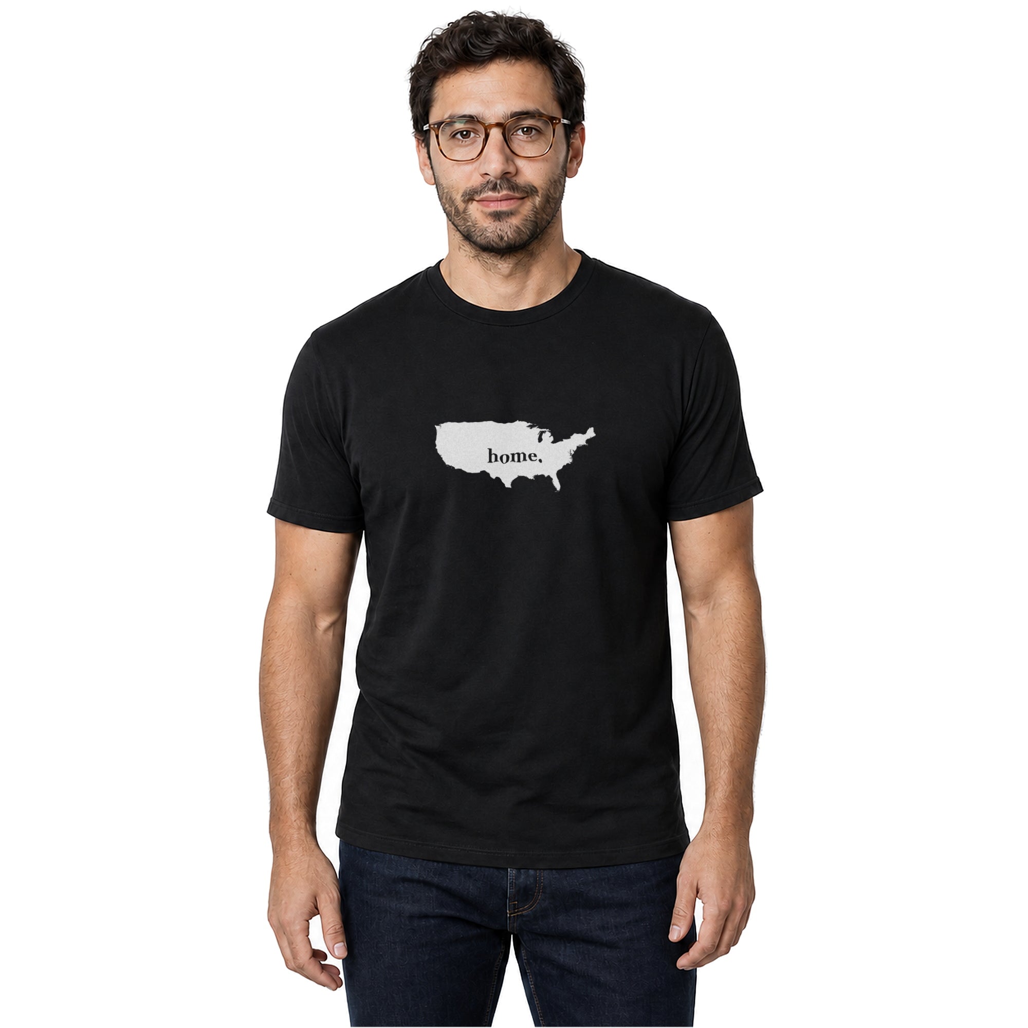 USA home T-shirt in black shown on a male model