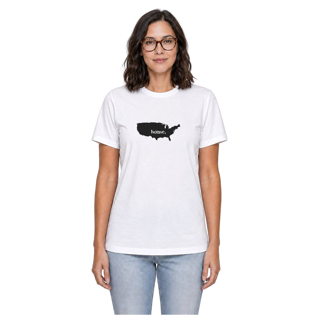 USA home T-shirt in white shown on a female model