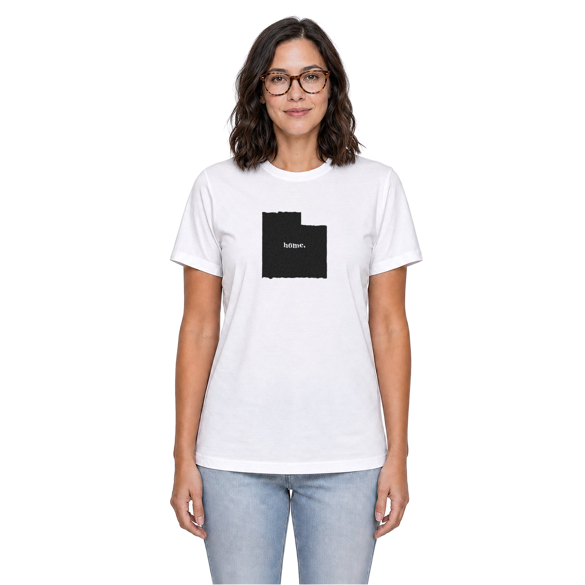 Utah home T-shirt in white shown on a female model