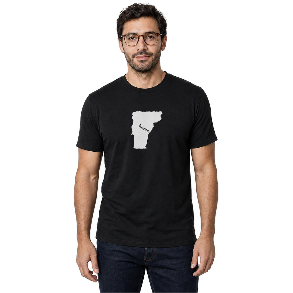 Vermont home T-shirt in black shown on a male model