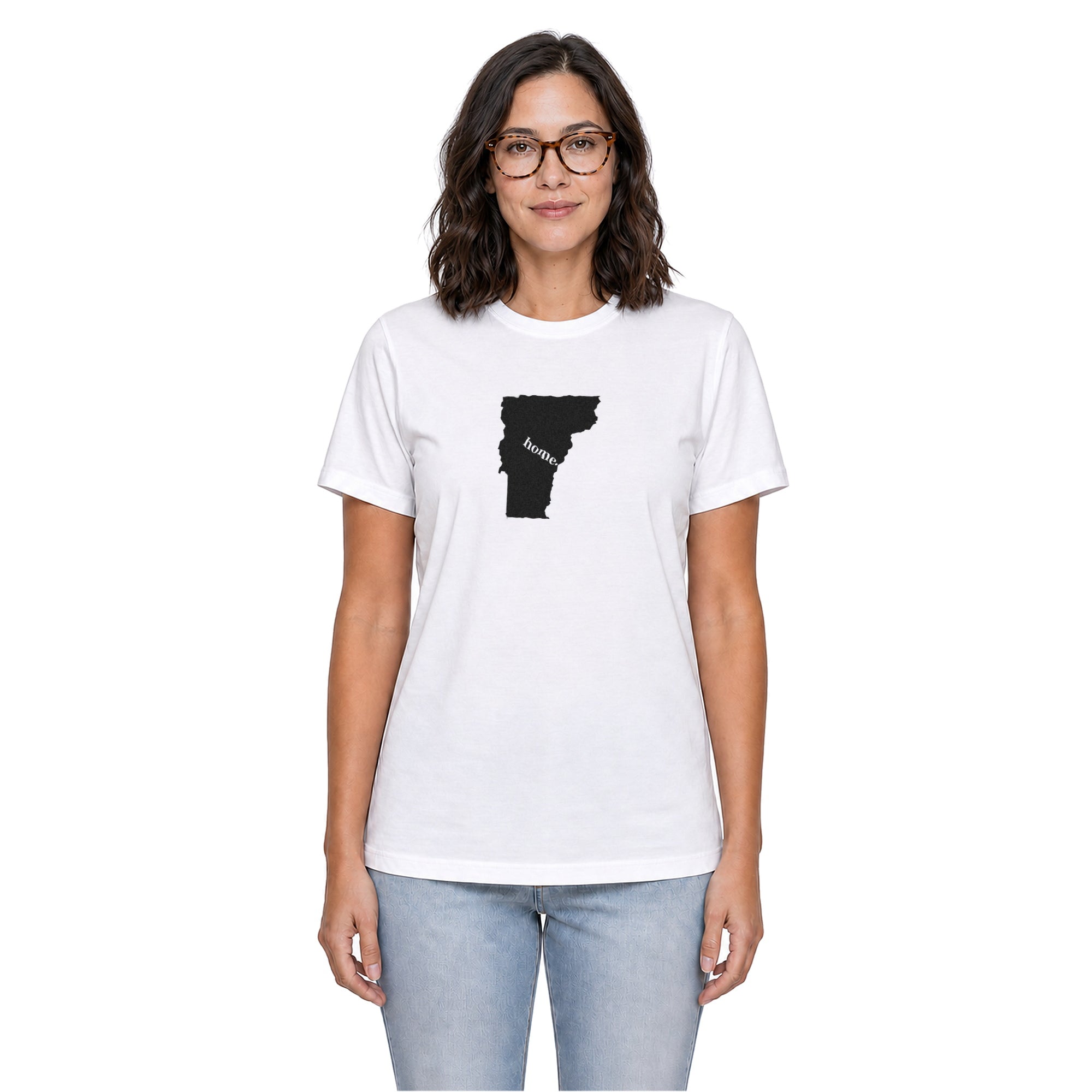 Vermont home T-shirt in white shown on a female model