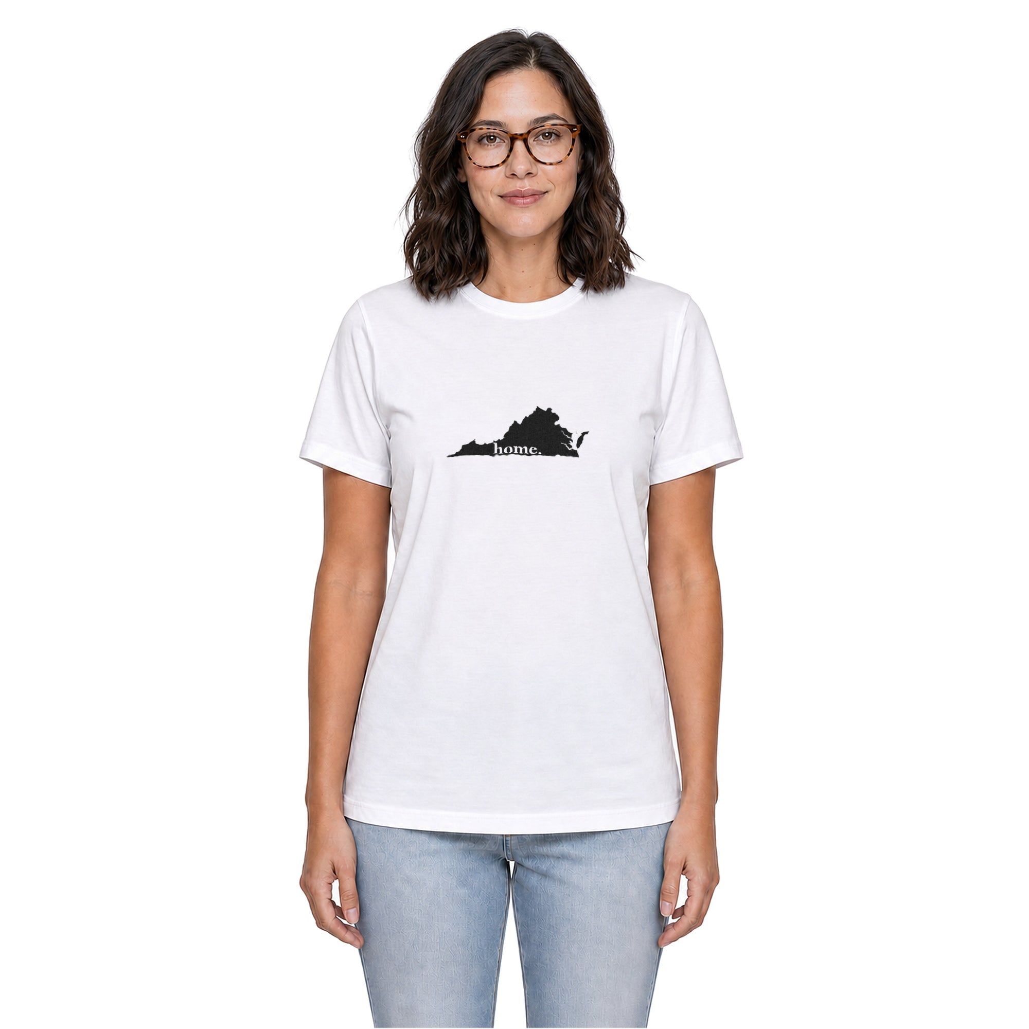 Virginia home T-shirt in white shown on a female model