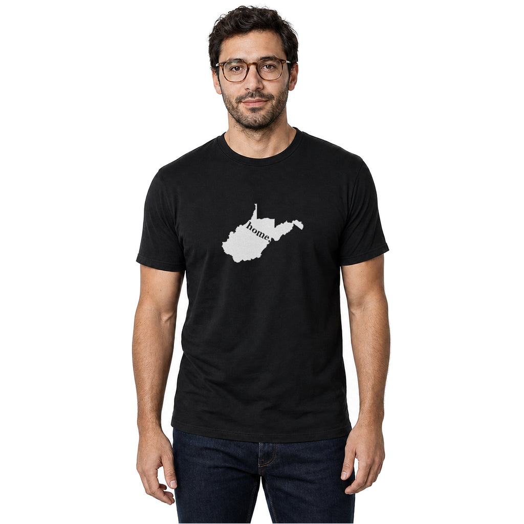 West Virginia home T-shirt in black shown on a male model