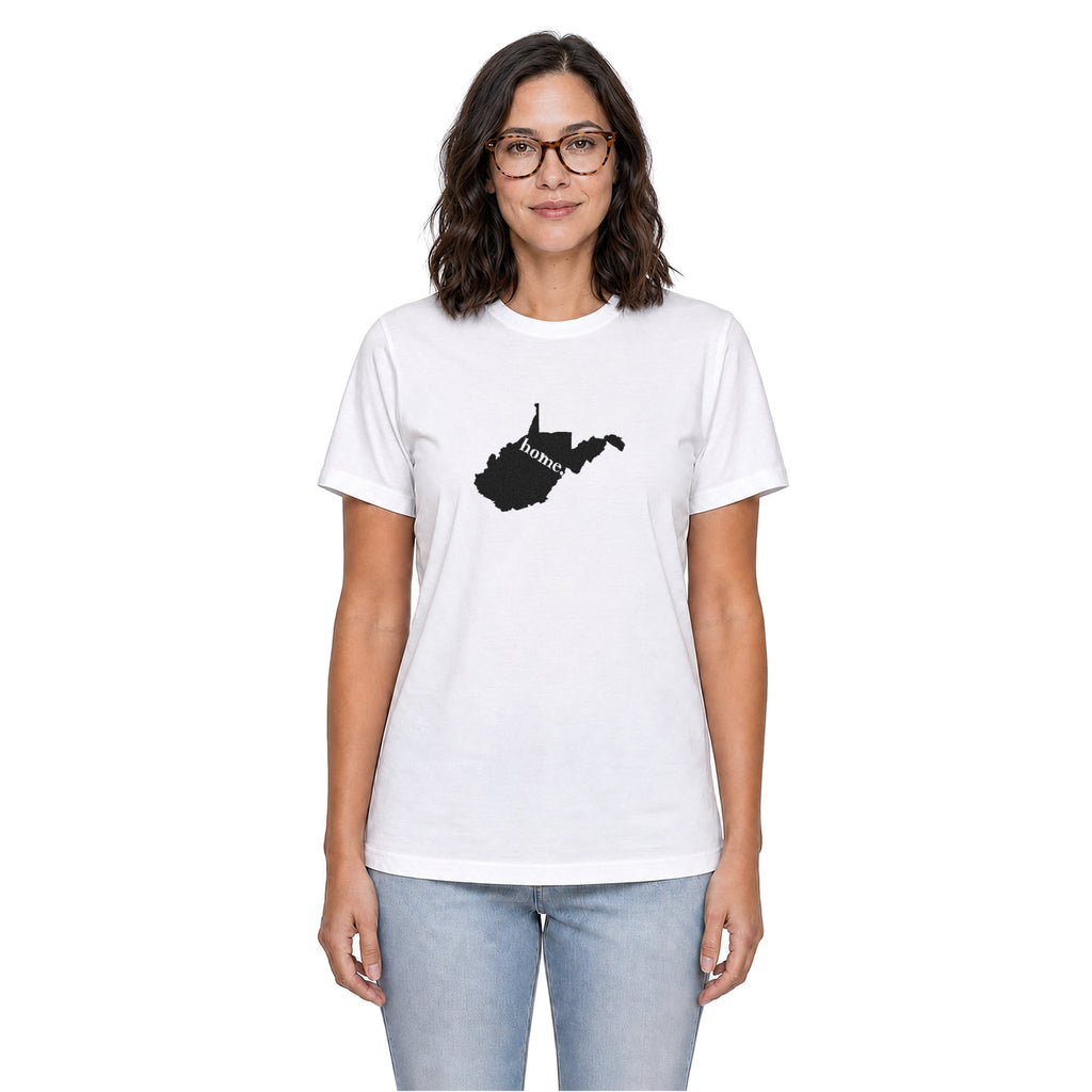 West Virginia home T-shirt in white shown on a female model