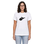 West Virginia home T-shirt in white shown on a female model
