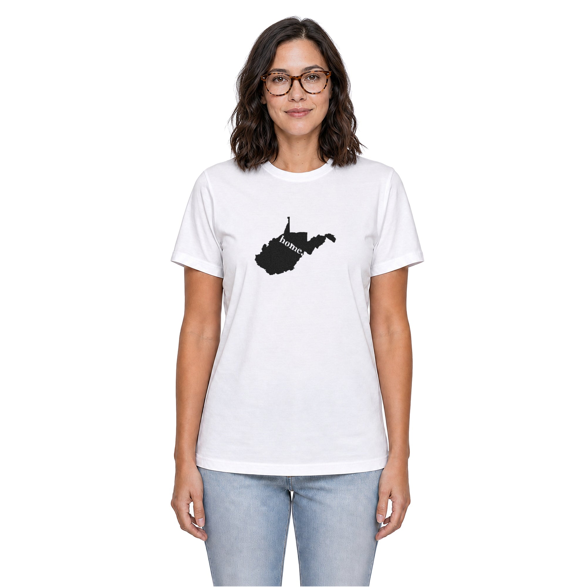 West Virginia home T-shirt in white shown on a female model