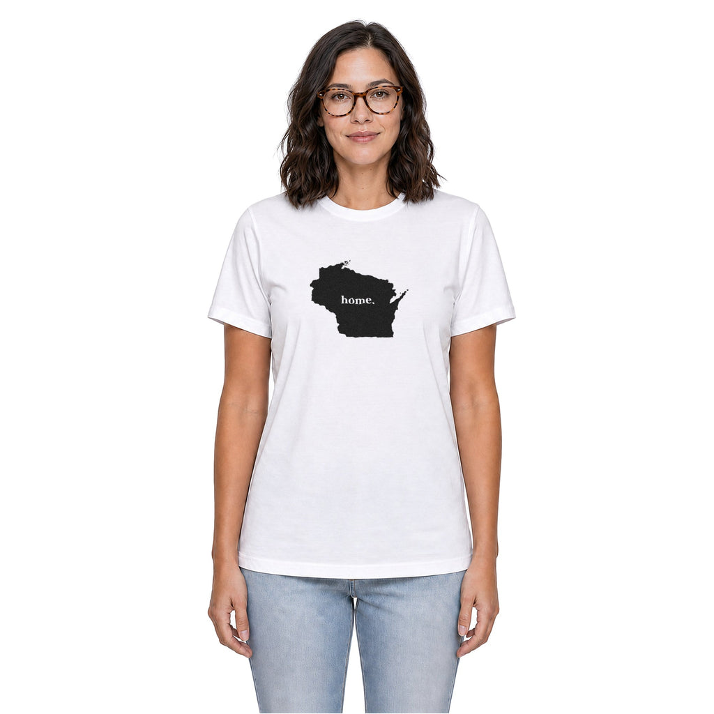 Wisconsin home T-shirt in white shown on a female model