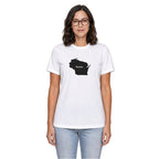 Wisconsin home T-shirt in white shown on a female model