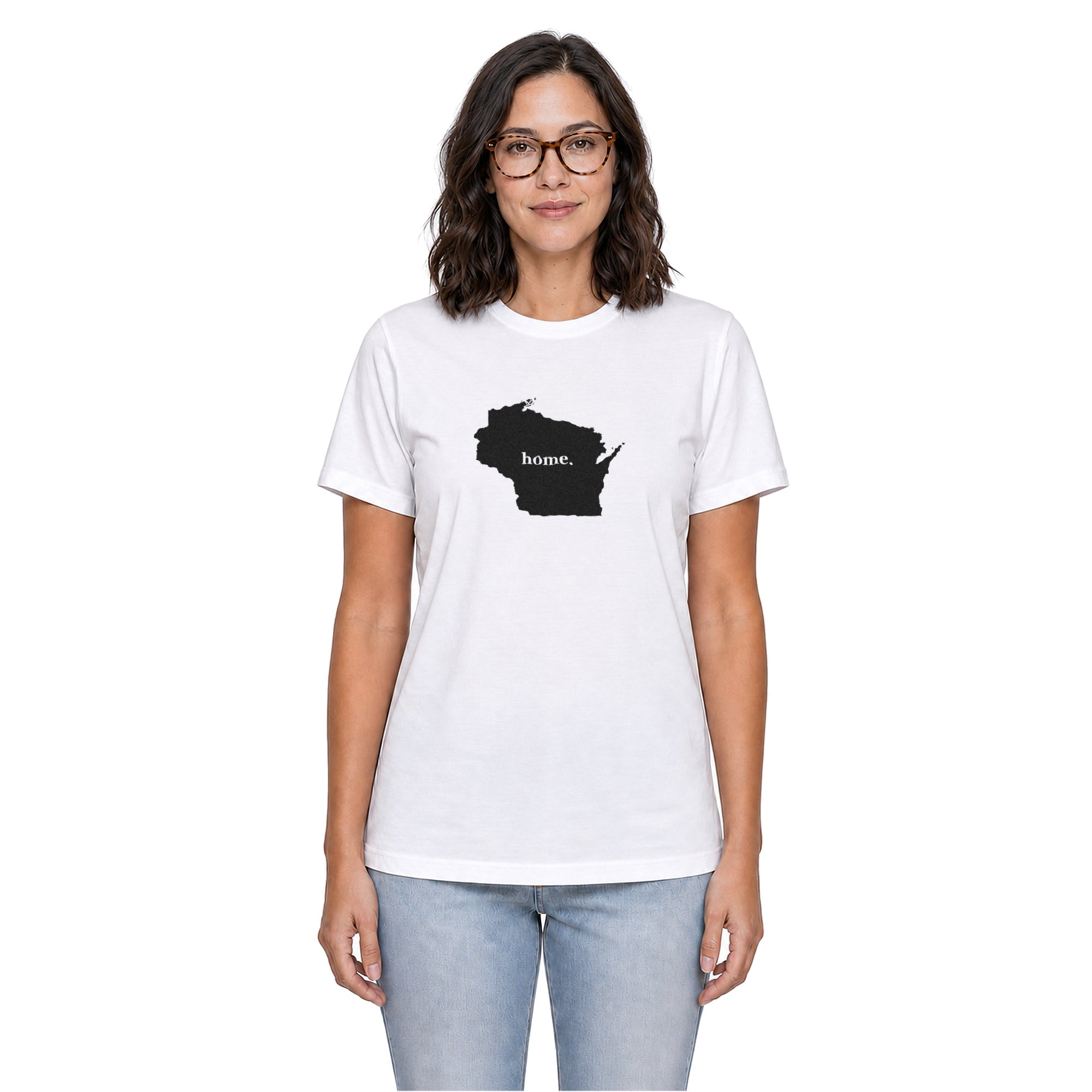 Wisconsin home T-shirt in white shown on a female model