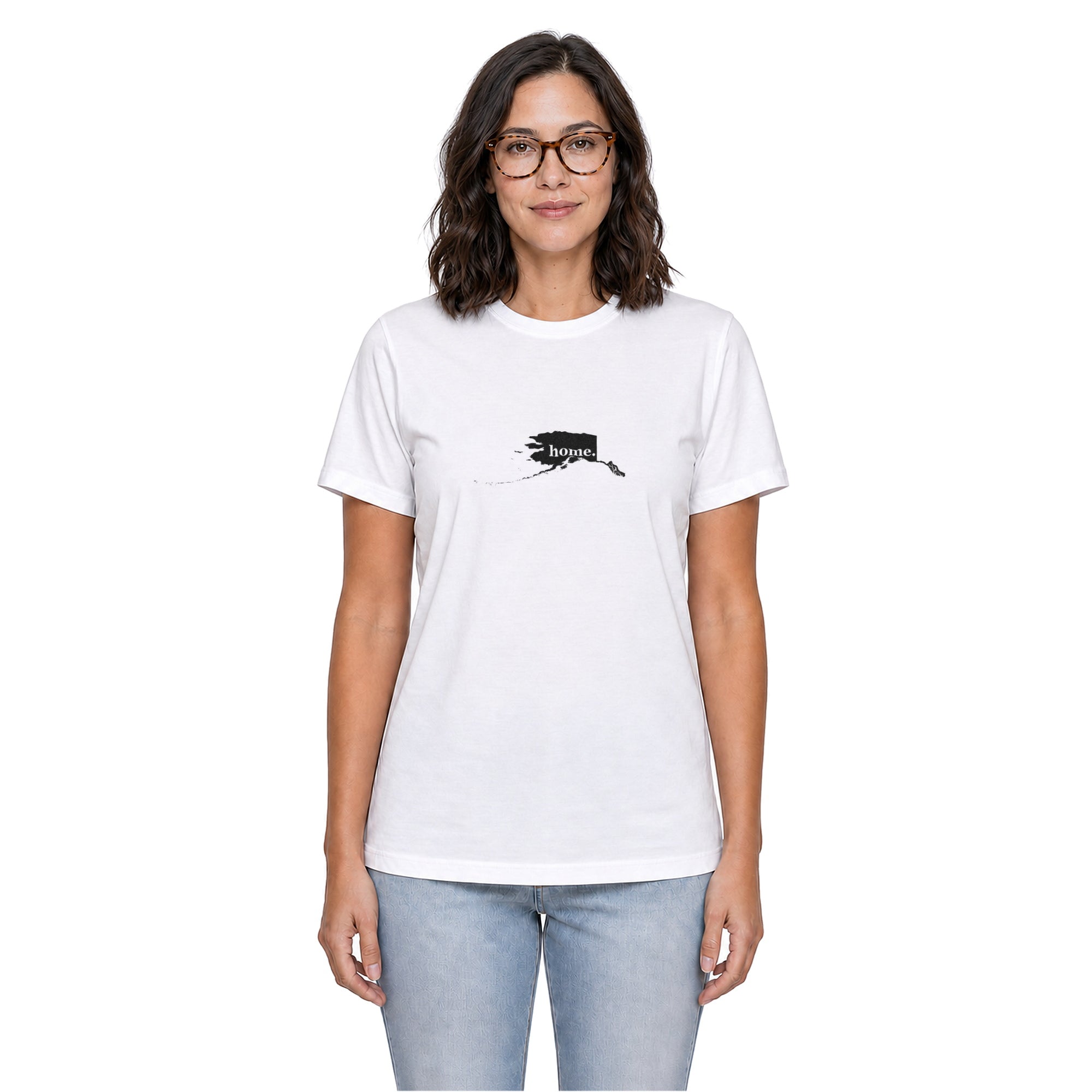 Alaska home T-shirt in white shown on a female model