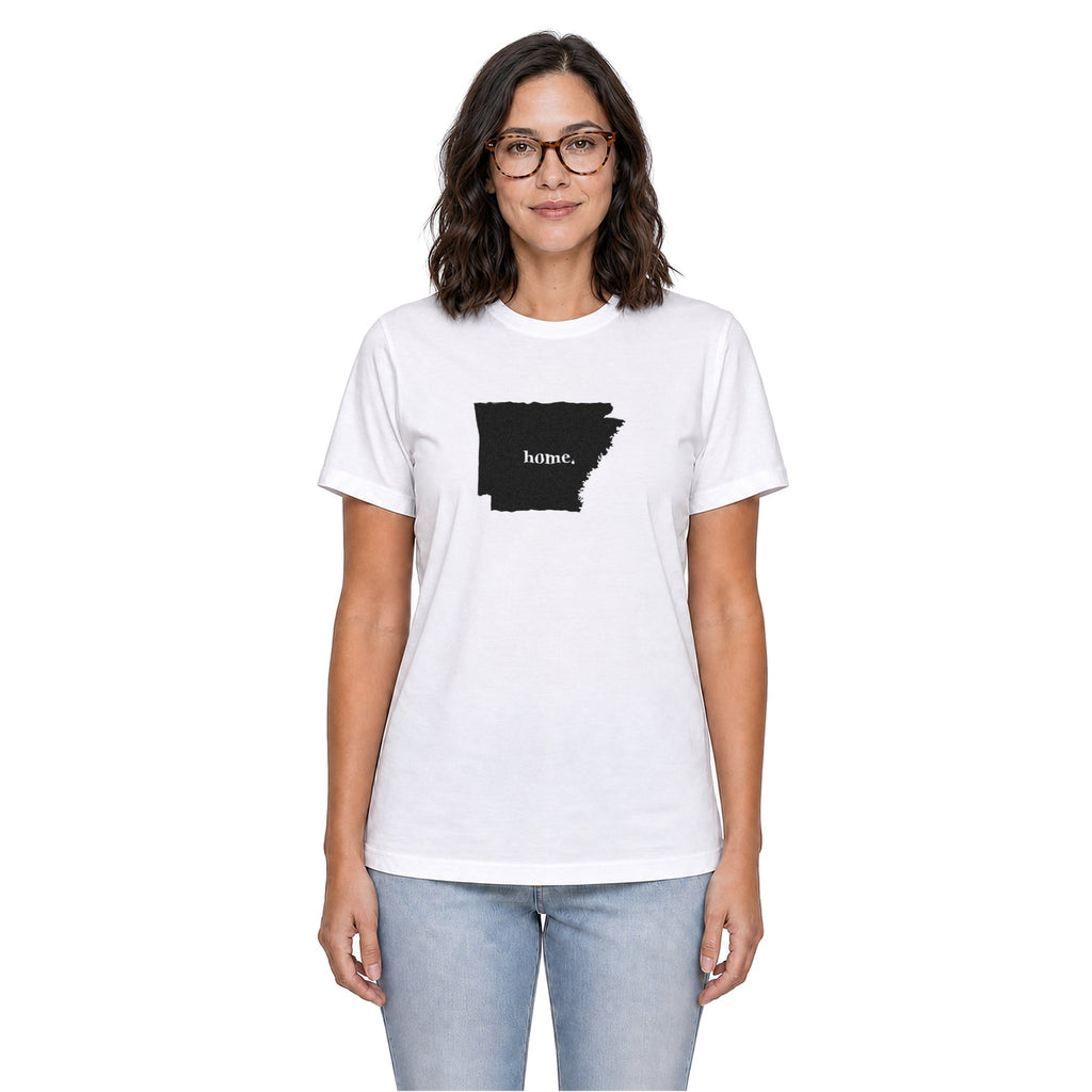 Arkansas home T-shirt in white shown on a female model
