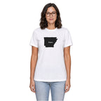 Arkansas home T-shirt in white shown on a female model