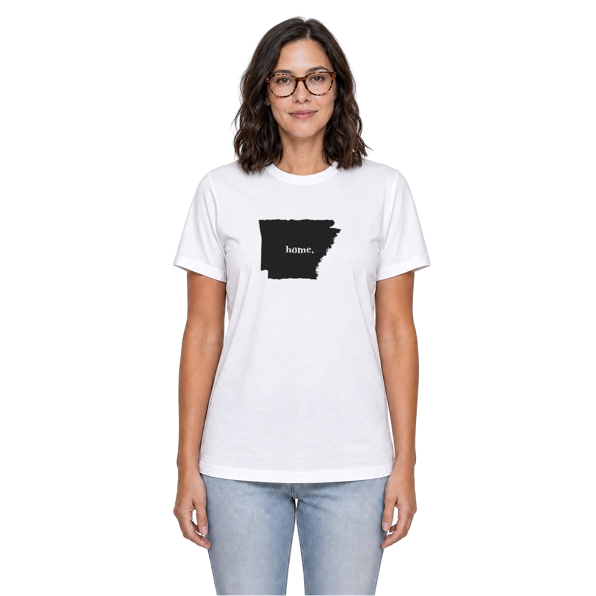 Arkansas home T-shirt in white shown on a female model