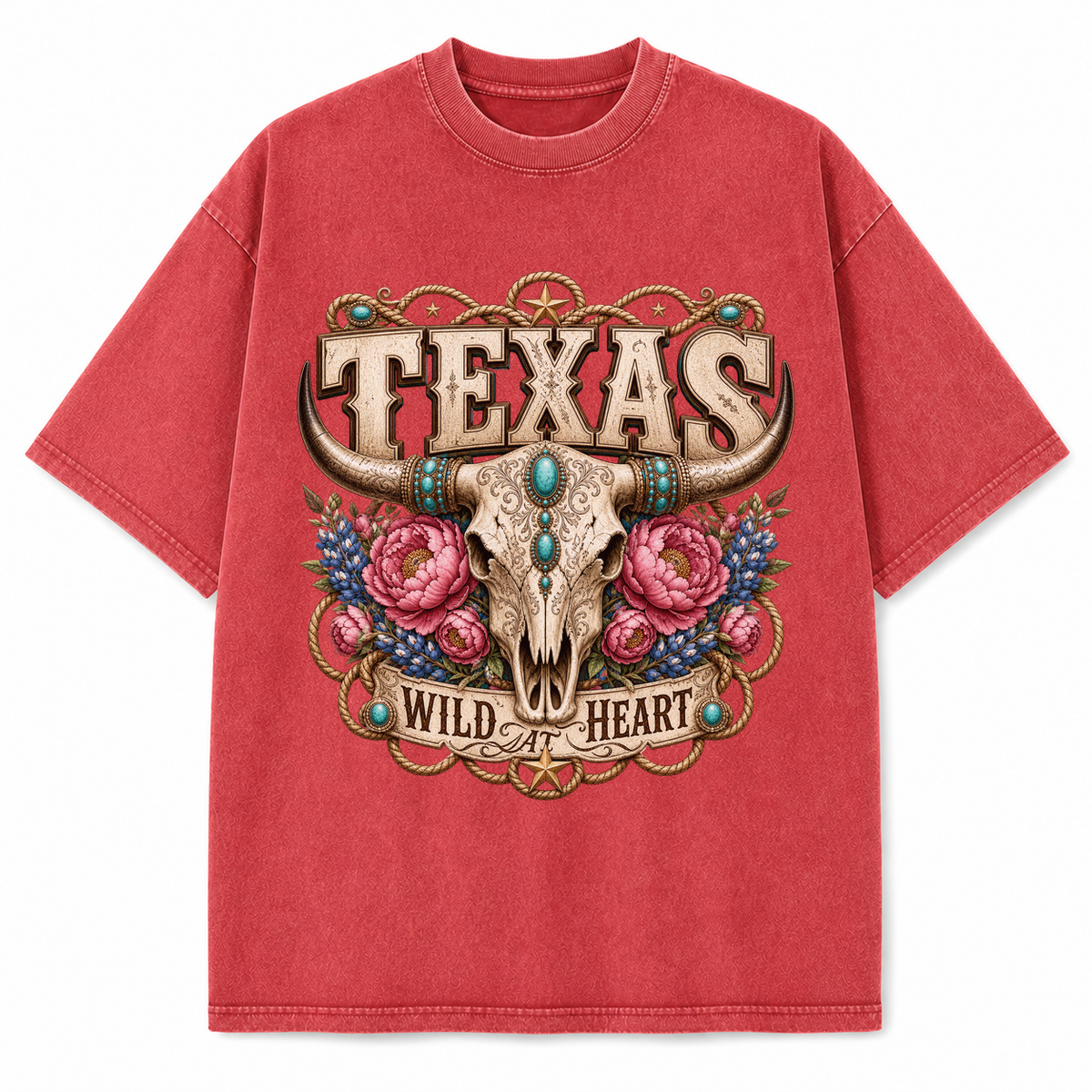 Vintage Washed Texas Boho Longhorn Heavyweight Graphic Tee in Vintage Washed Heavyweight T-Shirt, Vintage Red