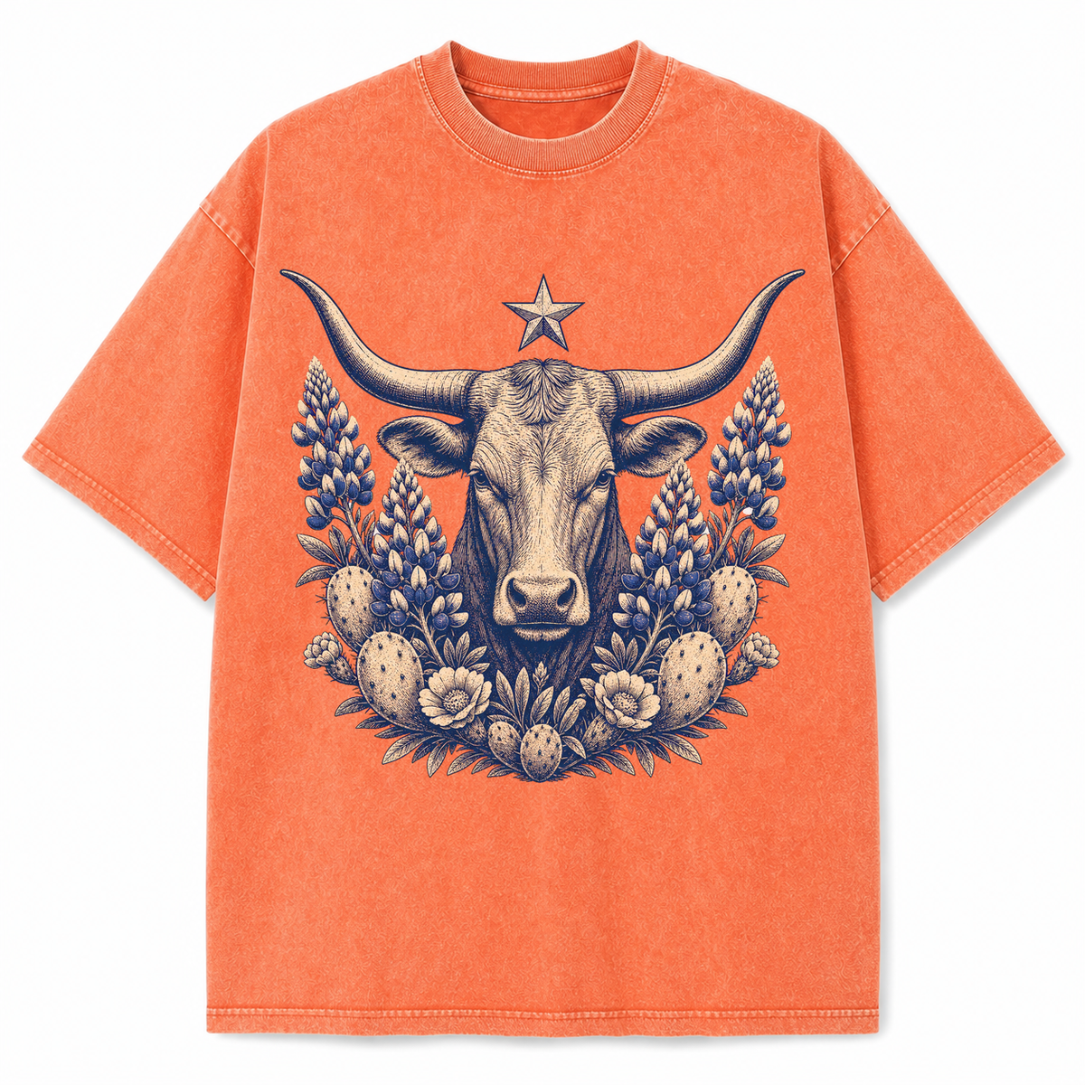 Vintage Washed Texas Longhorn Bluebonnet Engraving Heavyweight Graphic Tee in Vintage Washed Heavyweight T-Shirt, Orange
