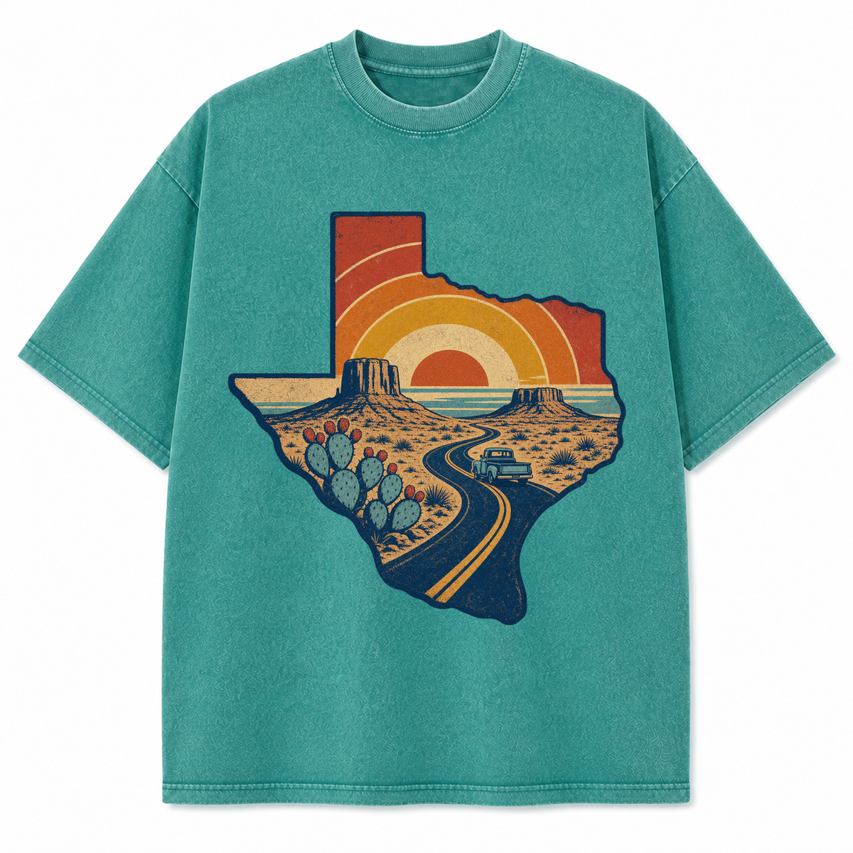 Vintage Washed Texas Retro Desert Roadtrip Heavyweight Graphic Tee in Vintage Washed Heavyweight T-Shirt, Teal