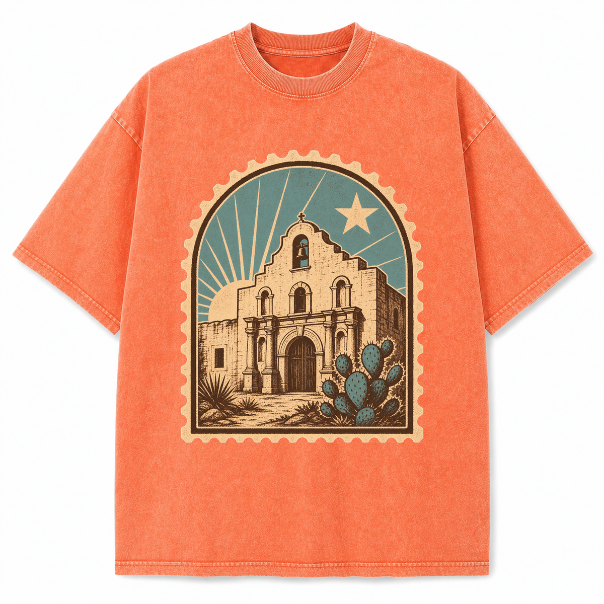 Vintage Washed Texas Mission Travel Stamp Heavyweight Graphic Tee in Vintage Washed Heavyweight T-Shirt, Orange