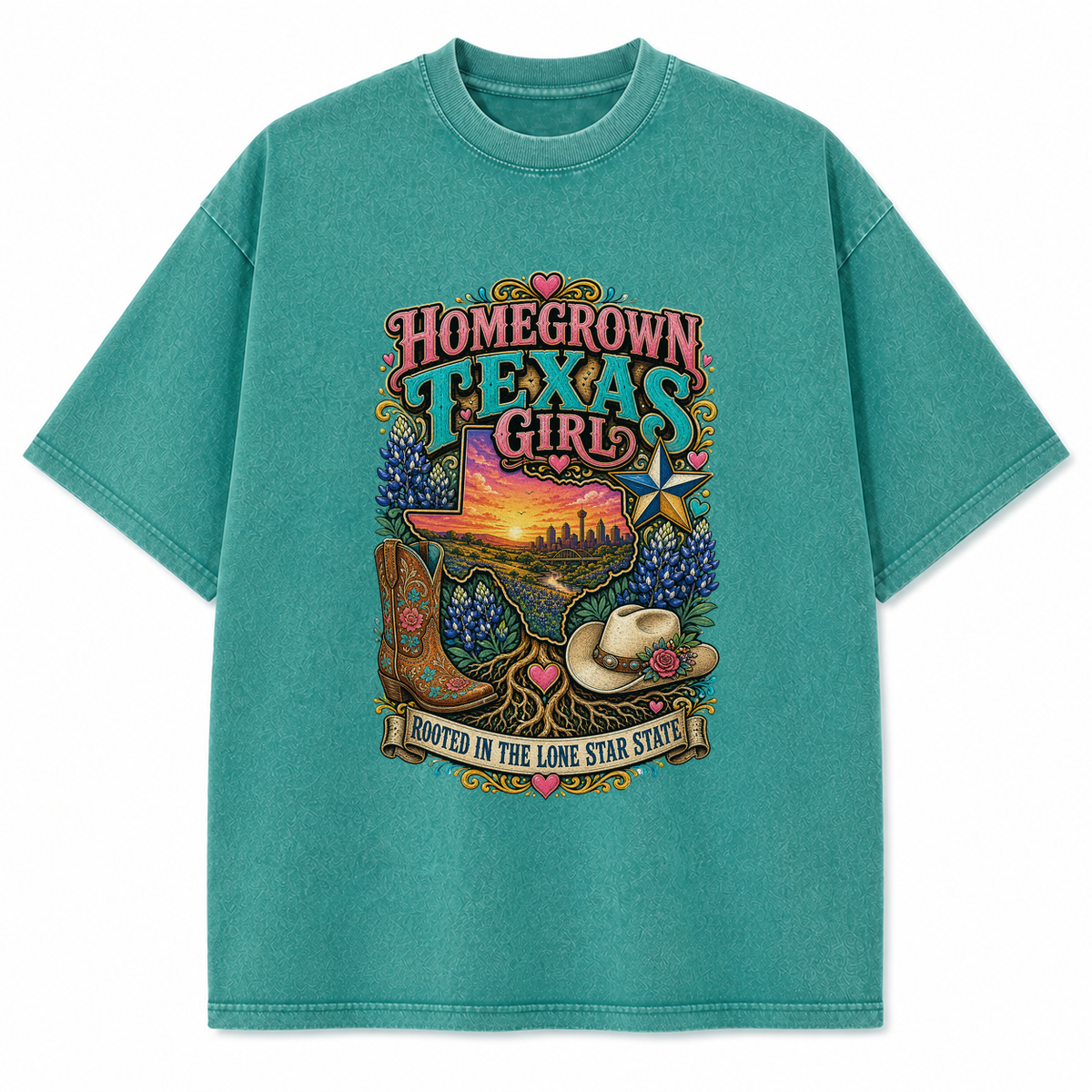 Vintage Washed Homegrown Texas Girl Heavyweight Graphic Tee in Vintage Washed Heavyweight T-Shirt, Teal