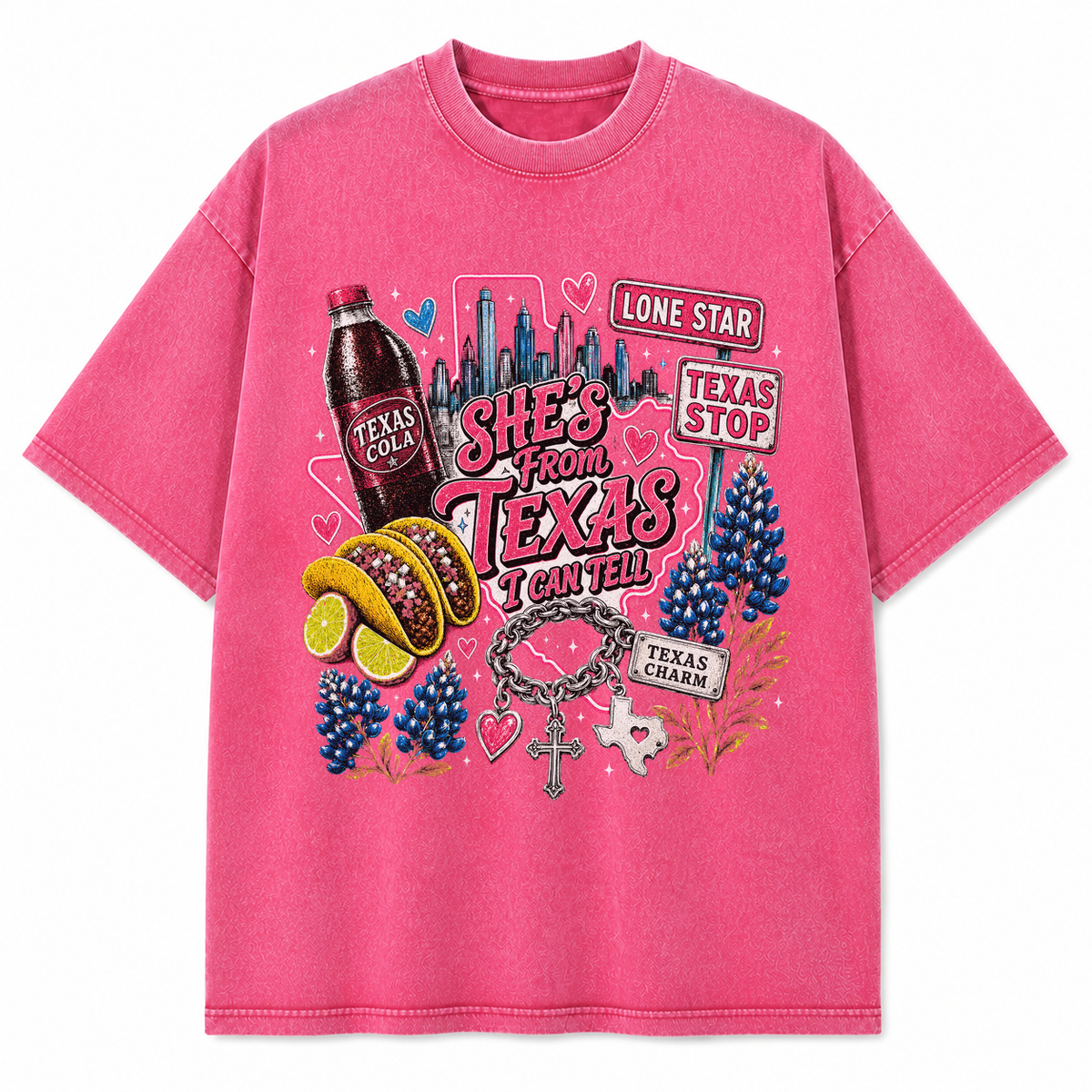Vintage Washed Texas Hearts and Bluebonnets Heavyweight Graphic Tee in Vintage Washed Heavyweight T-Shirt, Pink